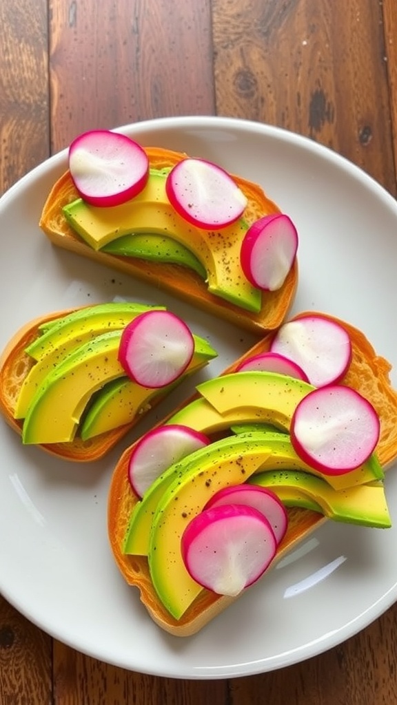 Two slices of avocado toast topped with radishes and pepper, served on a rustic wooden table.